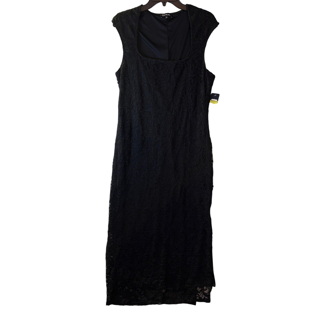Bebe Lace Sheath Dress Women XL Black Square Neck Sleeveless Floral Mid-Calf NEW